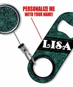 Best Pirce 🎉 Bars Add Your Name - Mini Bottle Opener With Retractable Reel - Teal Paisley 🧨 -Bars Sales Shop paisley teal reel opener set 1 800x