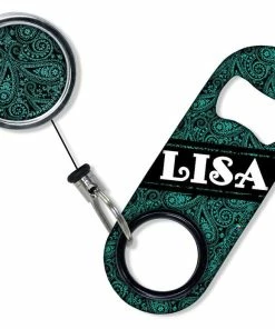 Best Pirce 🎉 Bars Add Your Name - Mini Bottle Opener With Retractable Reel - Teal Paisley 🧨