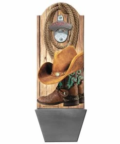 Wholesale 😍 Bars Cowboy 🥾 Boots & Hat – Wall Mounted Wood Plaque Bottle Opener And Cap Catcher 🎉